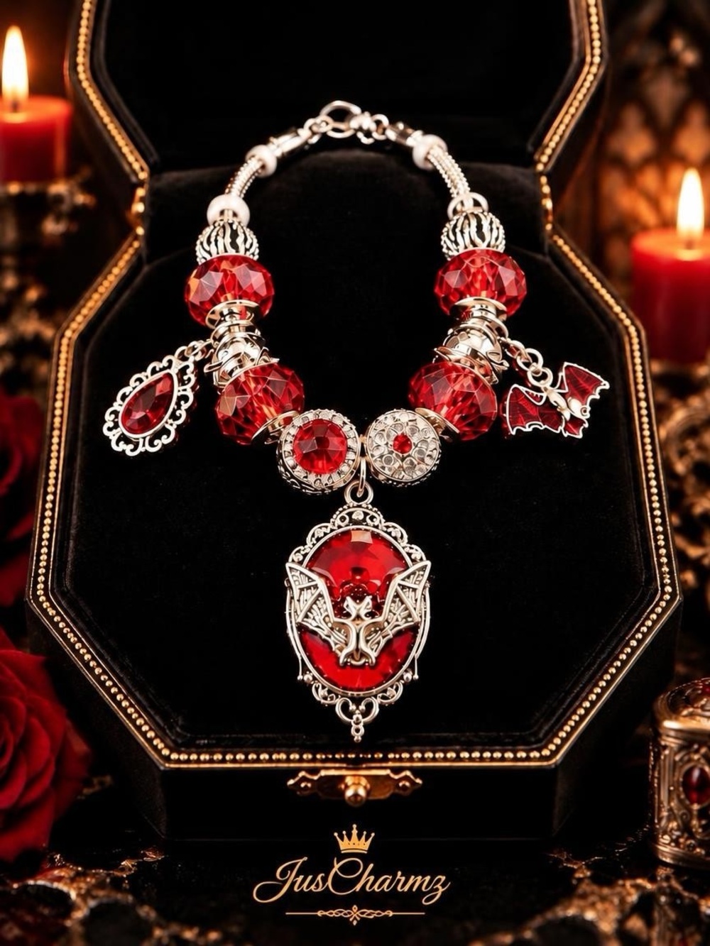 Vampire Lover Gift Red Crystal Bat Cameo Charm Bracelet